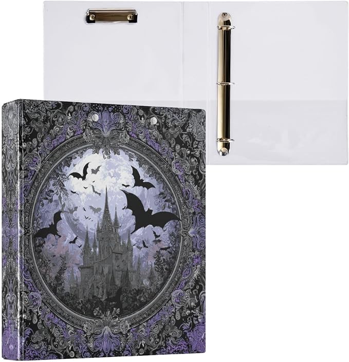 Castle Gothic Bats 3 Round Ring Binders | 1.5 Inch Binder with Clipboard, PVC Pockets, Work Organizer, Holds 200 Sheets for School Office 1 Pack