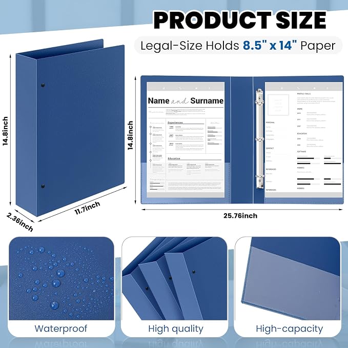 Henoyso 4 Pcs Legal Size Binder 3 Ring 2" Durable Navy Blue Binders for 8.5" x 14" Paper Hold up to 375 Sheets for Documents Artwork Blueprints, Office, Home, Workplaces