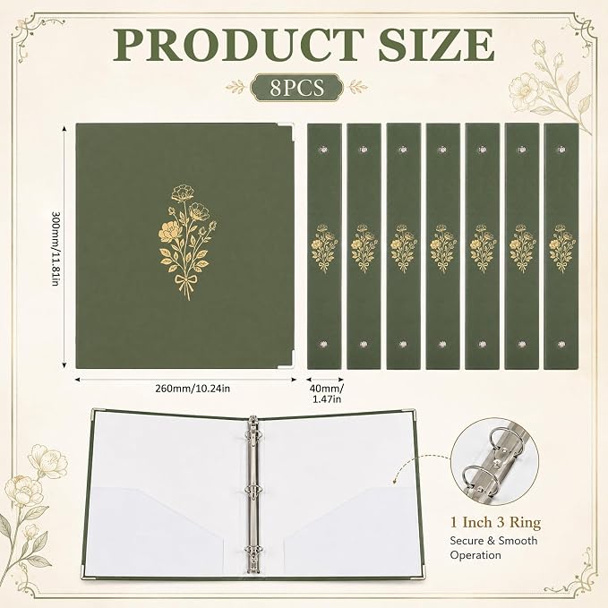 ReliThick 8 Pcs Aesthetic 3 Ring Binders, 1 Inch with Pockets,Cyan Blue | Paper Covers, 175 Sheet Capacity, 2 Inner Pockets, Organizer for 8.5" x 11" Letter Size, School, Office, Home,Floral Color