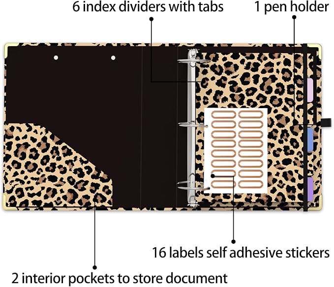3 Ring Binder 2 Inch Round Ring Binder with 6 Tab Dividers，2 Interior Pockets，Cute Binder Clipboard with Storage, for School Office, Portfolio(Cheetah Spots)