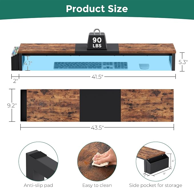 Dual Monitor Stand Riser, 41.5'' Extra Long Wood Monitor Stand Desktop Organizer with Side Pocket, Ergonomic Monitor Riser Supports 2 Monitors,TV,Laptop,Printer for Home Office, Rustic Brown