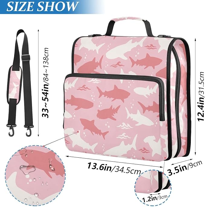 Shark Pink Print Zipper Binder Bag 3 Ring with Shoulder Strap & Handle Multi Pocket Binder Organizer Bag Large Capacity for School Office Supplies