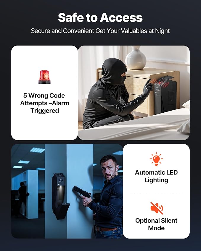VEVOR Gun Safe, Slider Handgun Gun Safe with Screen, 3-Way Quick Access,Fingerprint/Password/Key, Firearm Case Box with LED for 1 Pistol & Magazine, Mounted Gun Box for Nightstand Bedside Desk Car