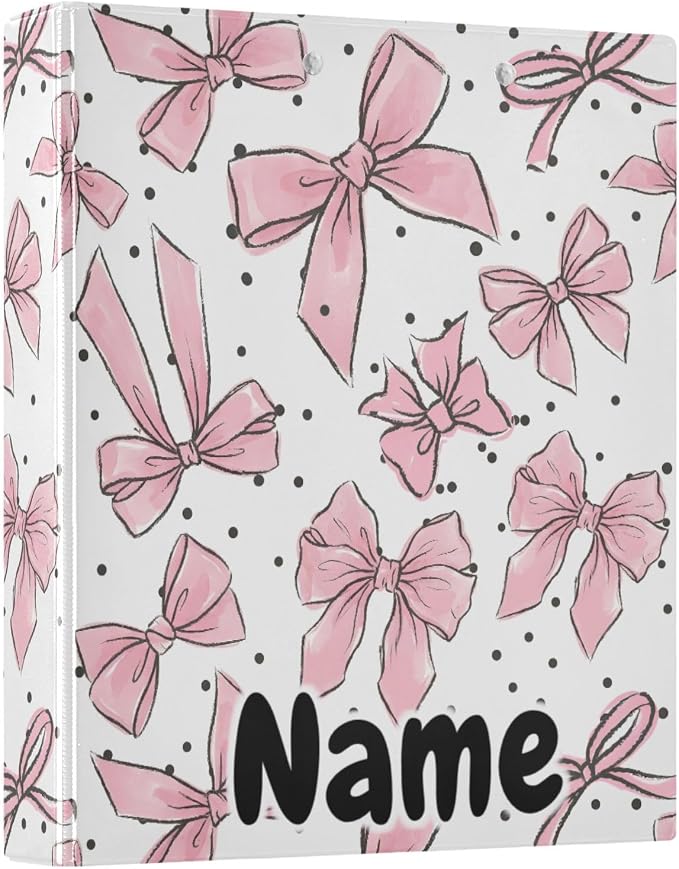 Custom 3 Ring Binder Pink Bows Dots 1.5" Round Ring Binders Personalized Name View Binder with 200 Sheet for Kids School Supplies Women Men Office, 1 Pack
