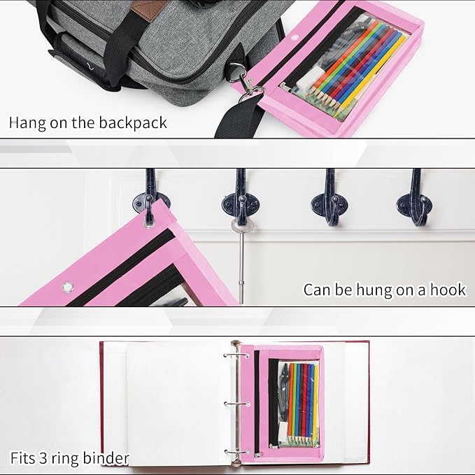 YoeeJob 18 Pack 1 Inch Expandable Zipper Pencil Pouches with Clear Window for 3 Ring Binder, Suitable for School & Office（Pink）