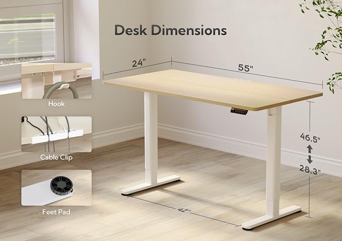 Claiks Electric Height Adjustable Standing Desk, 55x24 Inch, Nature | Smooth Height Adjustment, 3 Memory Presets, Cable Management Hub&Hook, Stable Steel Frame, 176lbs Capacity, Easy Assembly