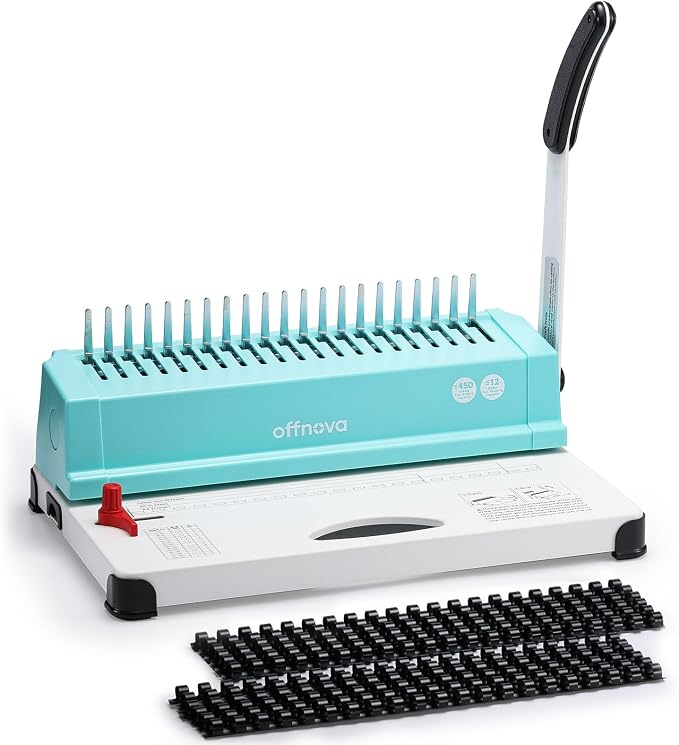 OFFNOVA Binding Machine, 21-Hole 450 Sheets Paper Comb Punch Binder Machine for Letter Size / A4 / A5 Paper, Easy to Punch Handle, Adjustable Margin, Mint with White Base