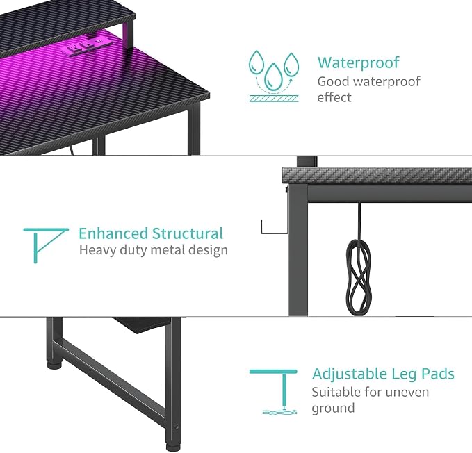 Lufeiya Gaming Desk with Power Outlets and LED Lights, 40 Inch Gamer Desk Table with Charging Station, Home Office Computer Desks with Monitor, Black