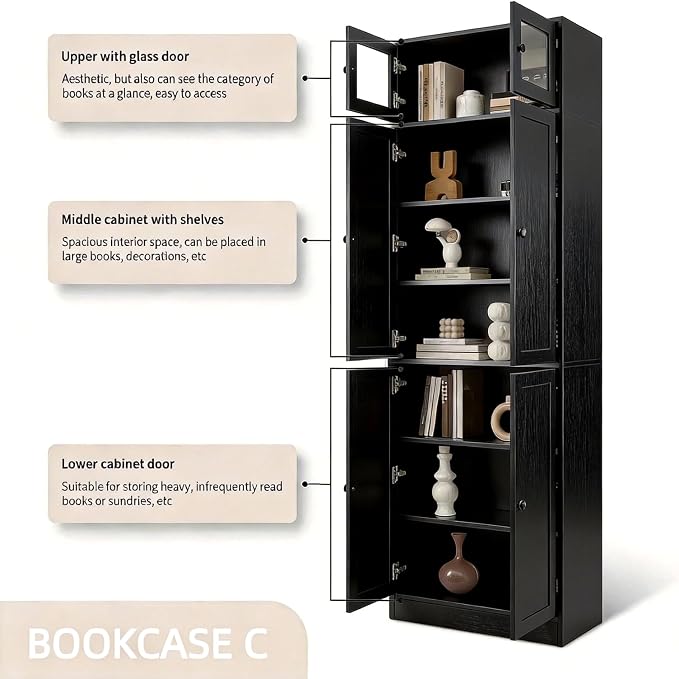 TUSY 85.5" Modern Tall Bookcase with Glass Doors, 7-Tier Wood Bookshelf with Storage for Home Office, Large Curio Cabinet for Living Room, Office, Bedroom, Family Room (Black, BCB)