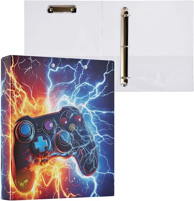 3 Ring Binder Game Controller Fire Electric Spark 1.5 inch Binders Three Ring Binders with Clipboard Fit 8.5'' x 11'' Paper 3 Interior PVC Clear Pockets for Office Supplies