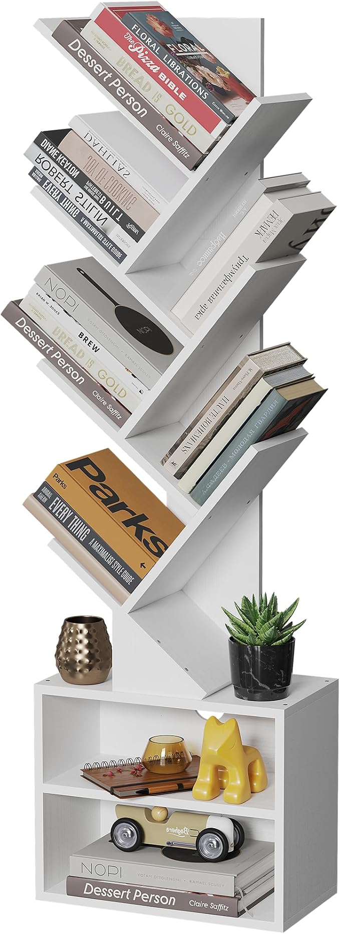 SUNMORY 6 Tier Tree Bookshelf, Tall Small Bookcase with Storage Cabinet | Modern Narrow Bookshelves Organizer, Floor Standing Book Case Shelf for Bedroom Living Room Home Office Corner, White