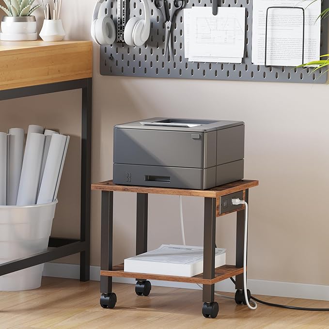 TUTOTAK Printer Stand, 2 Tier Rolling Printer Cart with Charging Station | Small Under Desk Printer Table with Wheels for Small Space, Office, Home, Brown PS01BB001