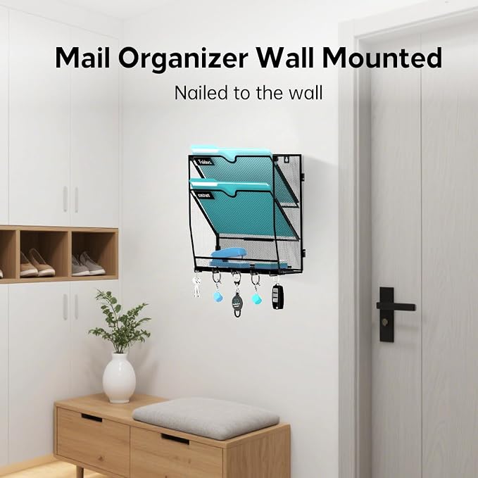 3-Tier Wall File Organizer and Mail Organizer with 5 Hooks, Black | Label slots, curved openings, 5 key hooks, and a bottom tray support organized mail, file, and everyday item storage.