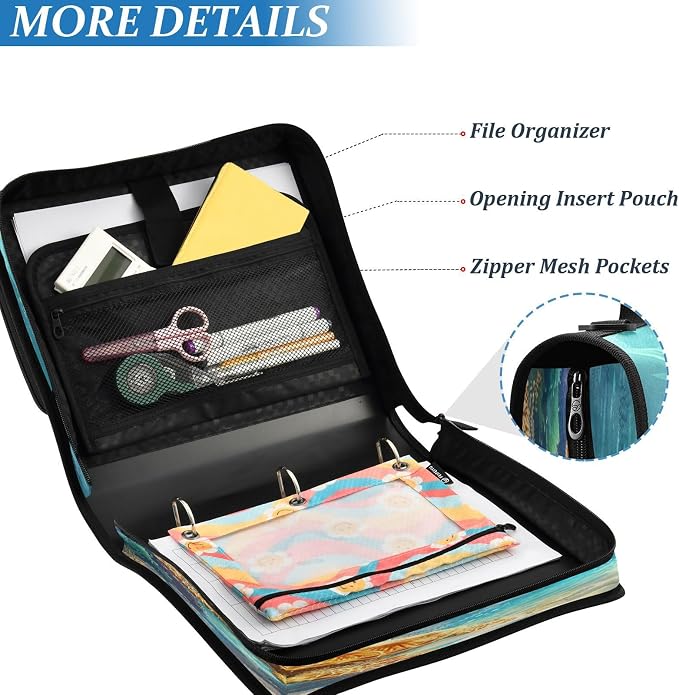 ALAZA Zipper Binder 3 Ring Sea Turtles on The Sea Binder Organizer with Zipper and Shoulder Strap Large Capacity Multi-Pocket Trapper Keeper File Folder for Office Supplies