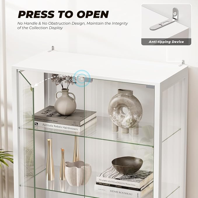 Glass Display Cabinet, 5-Tier Display Case with Adjustable Glass Shelves, Metal Curio Cabinet with 3 Color Lights for Collectibles, Bookcase with Human Body Sensor, White