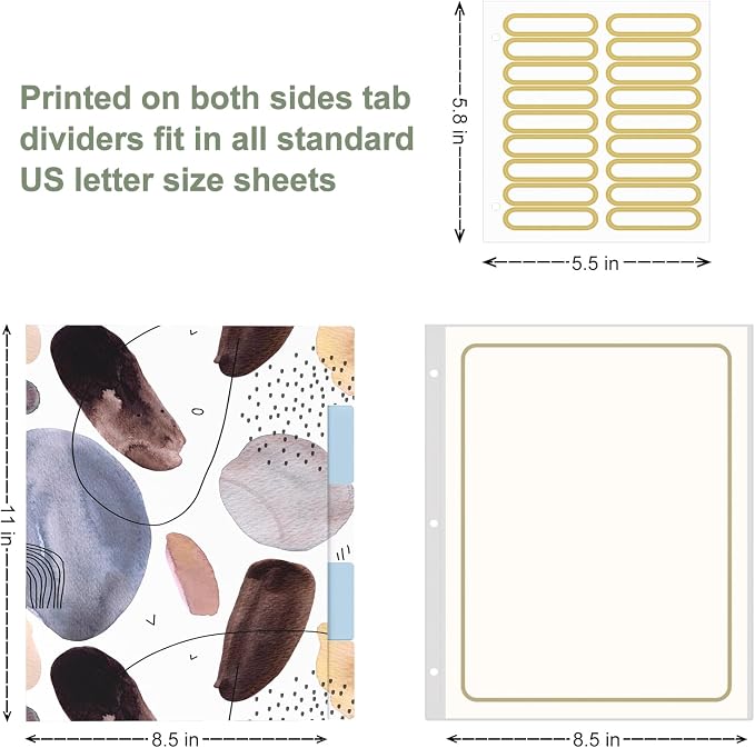Rouidr 3 Ring Binder, 2 Inch Round Ring Binder Organizer with Clipboard, 5 Dividers Tabs, A4 8.5 x 11 Inch Paper & Clear Sleeves for School, Office Supplies, Minimalist Art