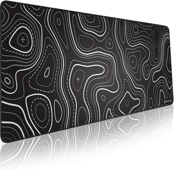 Pixiecube Minimalist Topographic Map Mouse Pad - Contour Extended Large Stitch Edge Mousepad. Black & White Non-Slip XXL Gaming Desk Mat