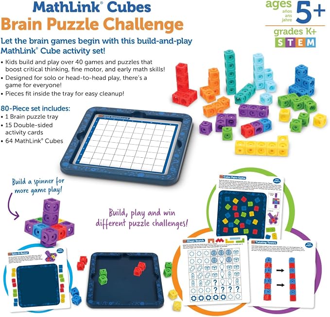 Learning Resources MathLink Cubes Brain Puzzle Challenge, 80 Pieces, Ages 5+, Classroom Must Haves, Preschool Activities, Teacher School Supplies, Math Manipulatives
