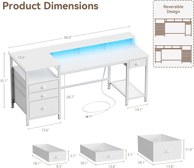 Furologee 60" White Computer Desk with 4 Drawers, Power Outlet, LED Lights | Home Office Desk with Full Monitor Stand,Storage Shelves, 4 File Drawers Cabinet ,Printer Space for Study Working Bedroom