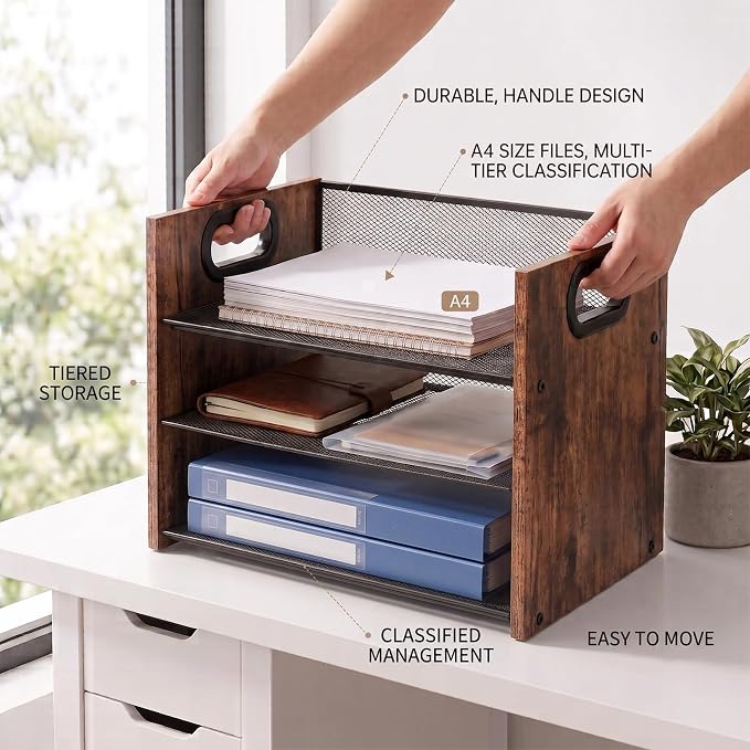 Desk Organizer - 3 Tier Wood & Metal Mesh Desktop Organizer for Office, Home, School, Workspace, Office Desk Organzier for Papers, Mail, Notebooks, Stationery