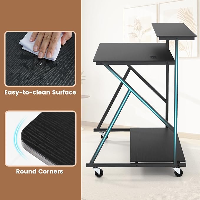 Giantex Rolling Computer Desk with Charging Station, Mobile Portable Laptop Desk with Monitor Stand & Storage Shelf, Small Desk with Lockable Wheels for Small Spaces, Home Office (Black)