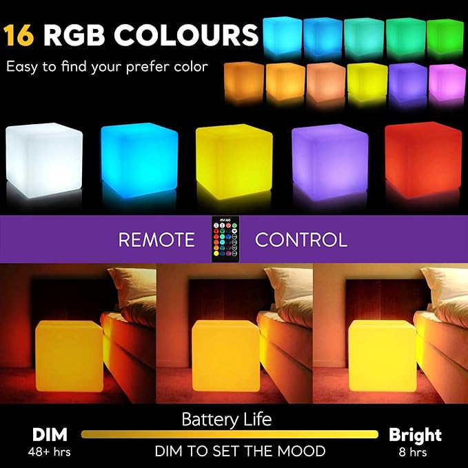 Mr.Go 20-Inch LED Cube Light, Large RGB Lighted Cube Table Glowing Chair | 16 RGB Color Changing, 350lbs Load Multi-use Cube Seat & Side Table, IP65 Waterproof, Indoor & Outdoor Patio Pool Party Decor