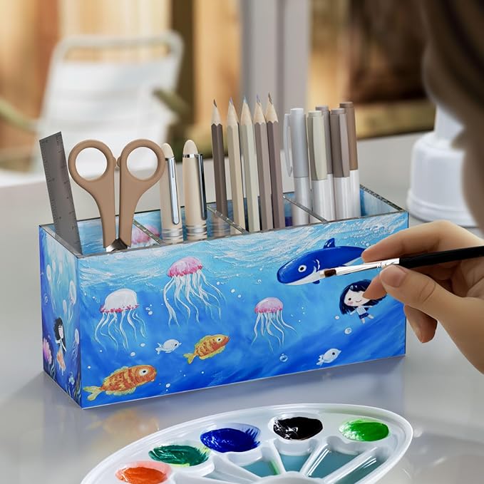 NIUBEE Acrylic Pen Holder 4 Compartments, Clear Desk Pencil Organizer Cup | Scratch-resistant thick acrylic with 4 slots for pens, pencils, makeup brushes, office, vanity and school use