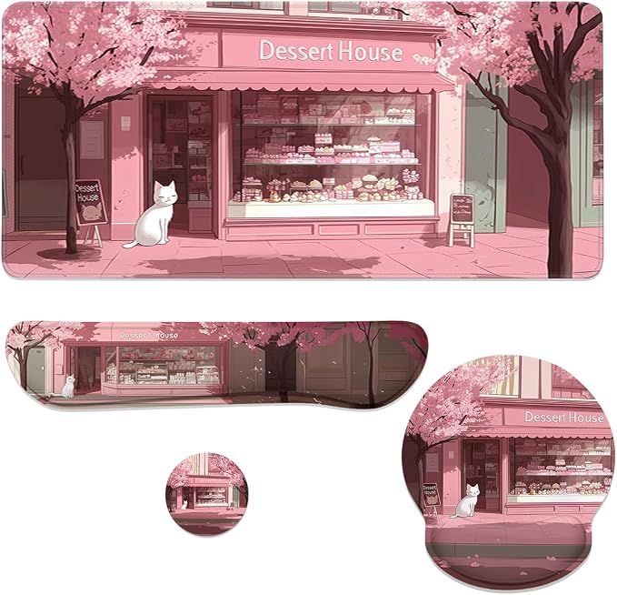 Cherry Blossom Mouse Pad Set Cute Cat Japanese Dessert Shop Street Gaming Mousepad 4in1 Desk Mat for Desktop Anti-Slip XXL Big Computer Ergonomic Mousepad with Wrist Support for Keyboard and Mouse