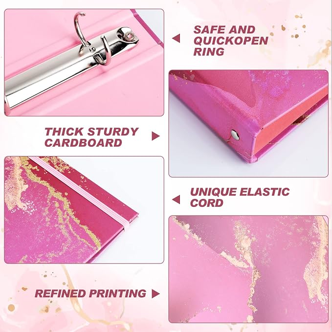 Colarr 4 Pcs Mini 3 Ring Economy Binders for 5.5" x 8.5" Paper for School, Office and Home Use, Cute Marble Small 1 Inch Round Three Ring A5 Binders with Elastic Cord, Decorative Hardcover