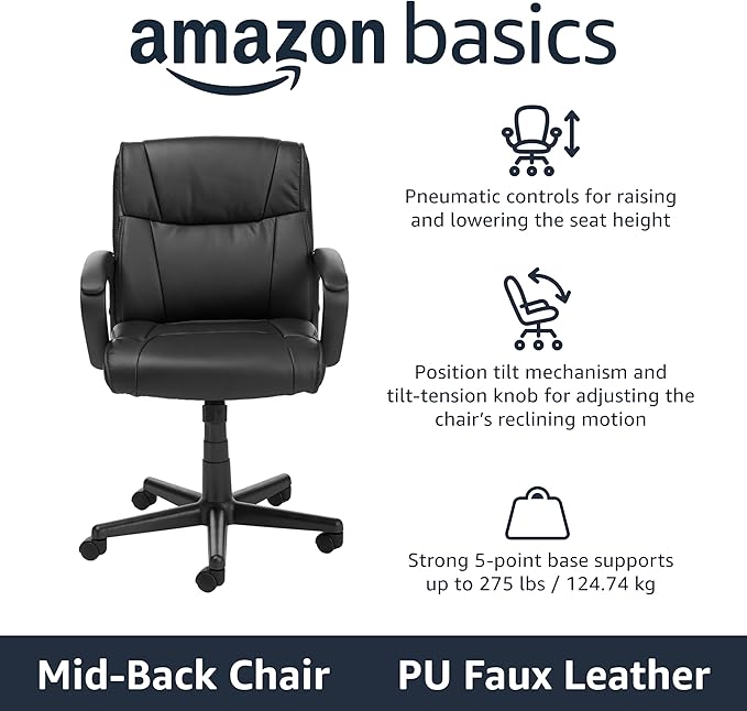 Amazon Basics Office Task Chair with Adjustable Height, 360° Swivel, Padded Armrests, Mid-Back, Rolling, 275 Pound Capacity, 24.2"D x 24"W x 34.8"H, Black Faux Leather