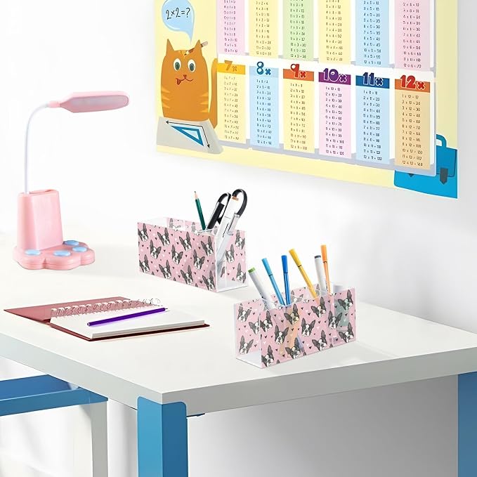 Cartoon French Bulldog Pink Acrylic Pencil Pen Holder Desk Accessories Holder, Cosmetic Brush Organizer Modern Design Desktop Stationery Organizer for Office School Home 7.87 x 2.48 x 3.54 In