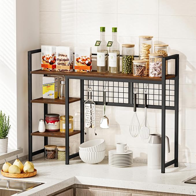 Snughome Desk Shelf, 38.6" Desktop Organizer Shelf, Desk Hutch for Computer Monitor, 4 Tier Desk Display Rack with Pegboard Hooks Set, Wood Desktop Bookshelf for Home Office Dorm