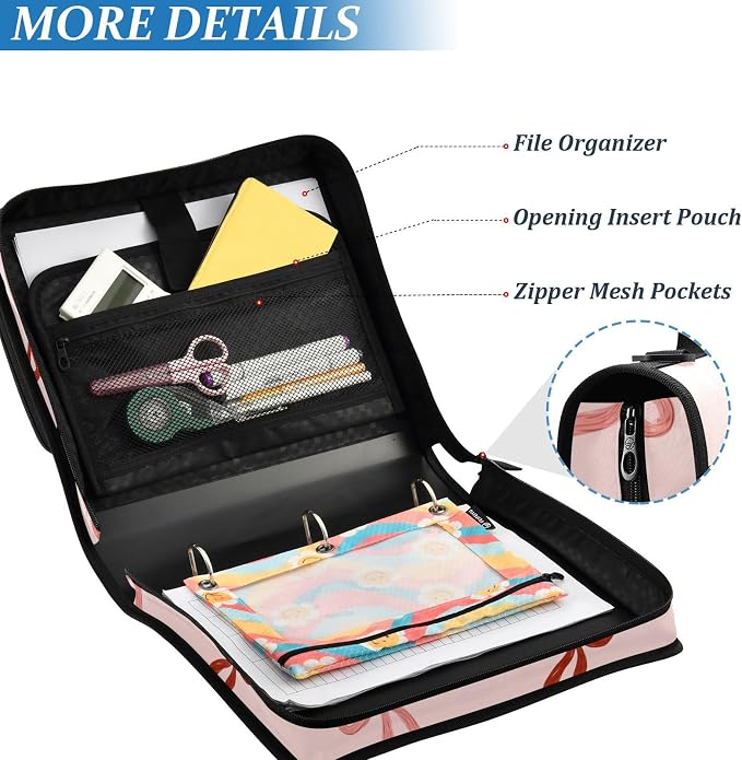3 Ring Zipper Binder with Shoulder Strap Cute Red Bows Pink B 1.5 inch Binders Keeper Large Capacity Multi Pockets for School Office Supplies