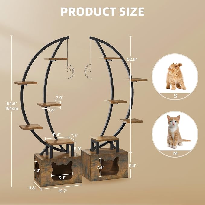 DWVO Tall Bookshelf with LED Light | Artistically Designed Moon Arched Bookcase, Cats Litter Box, Corner Display Shelf, For Home Office, Bedroom