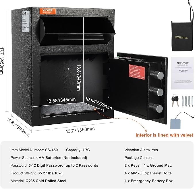 VEVOR 1.7 Cub Depository Safe, Deposit Safe with Drop Slot, Electronic Code Lock and 2 Emergency Keys, 13.77''x11.81''x17.71'' Business Drop Slot Safe for Cash, Mail in Home, Hotel, Office