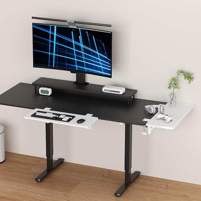 Suptek Clamp-on 9.5 x 23.6 inch Desk Extender, Wrist Support, Foldable Keyboard Tray Platform, Suitable for Office Desks, White, DSF3LW