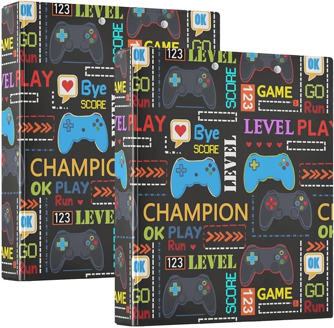 Aslsiy 3 Ring Binder 1.5 Inch Boy Pixel Start Play Round Clipboard Binder Decorative Harcover Binders Organizer for Office Supplies
