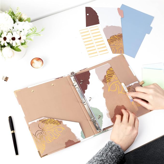 EYROZILL Mini 3 Ring Binder, 5.5" x 8.5", 1 Inch with Pockets, Binder Clipboard for Hair Style Client, Legal Case, Law Reference, Artist Portfolio (Brown Impression)