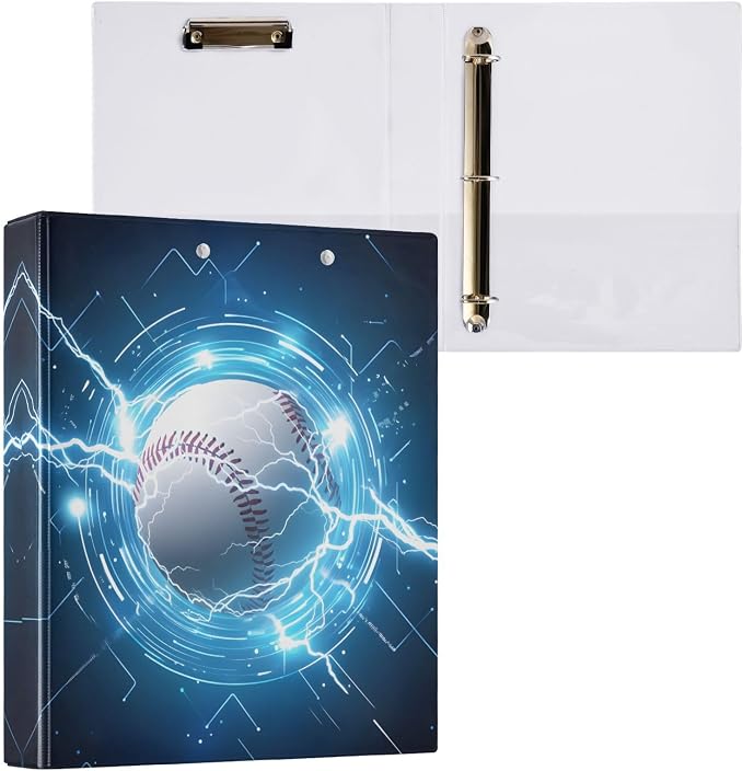 3 Ring Binder Baseball Lightning 1.5" Round Ring Binders View Binder with 200 Sheet for Kids School Supplies Women Men Office, 1 Pack