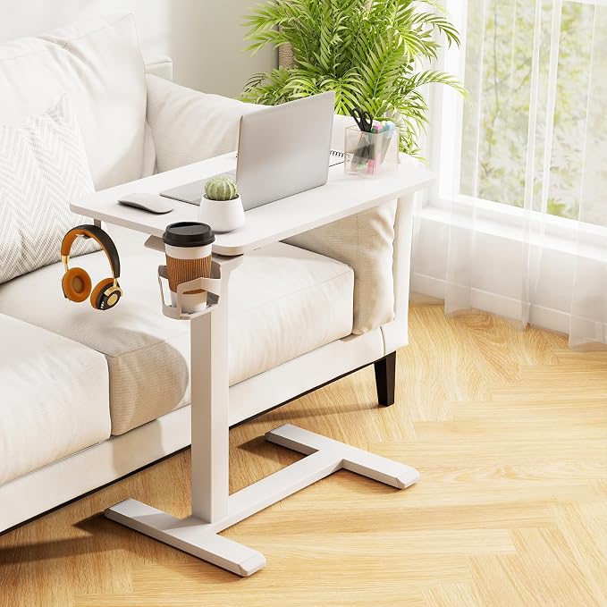 Tangkula Mobile Standing Desk, Pneumatic Height Adjustable Rolling Desk with Cup Holder & Headphone Hook, Overbed Table with Hidden Wheels, Laptop Computer Cart for Couch, Home, Office (White)