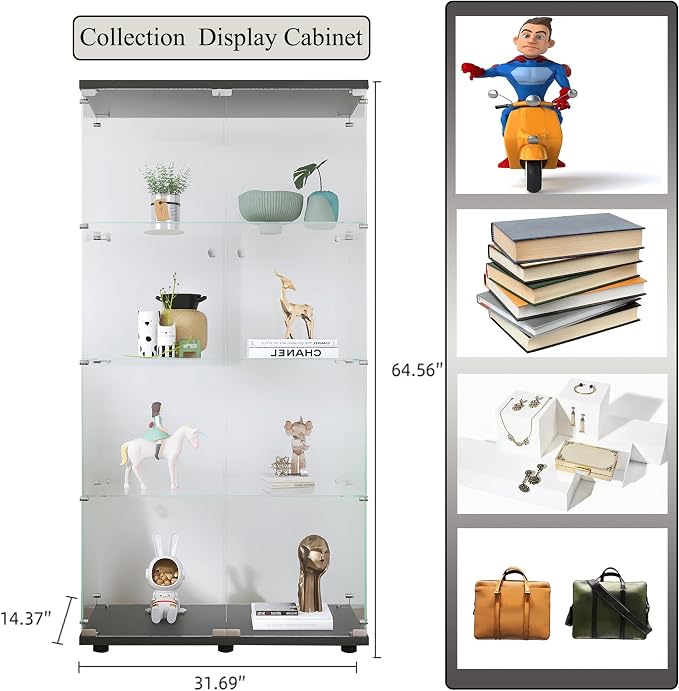 Frameless Glass Display Cabinet, Curio Cabinet Display Case with Lock and 2 Doors, Quick-Install Floor Standing Large Showcase Display Shelf for Collectibles, Legos, Figures, Plants