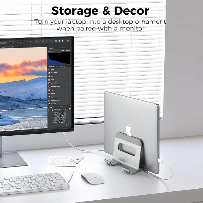 Aluminum Vertical Laptop Stand for Desk, Auto-Locking Adjustable Dock Holder with Dual Slots for Tablet & Phone, Space-Saving Upright Organizer Fits MacBook Pro/Air, Dell, HP, Chromebook (Silver)