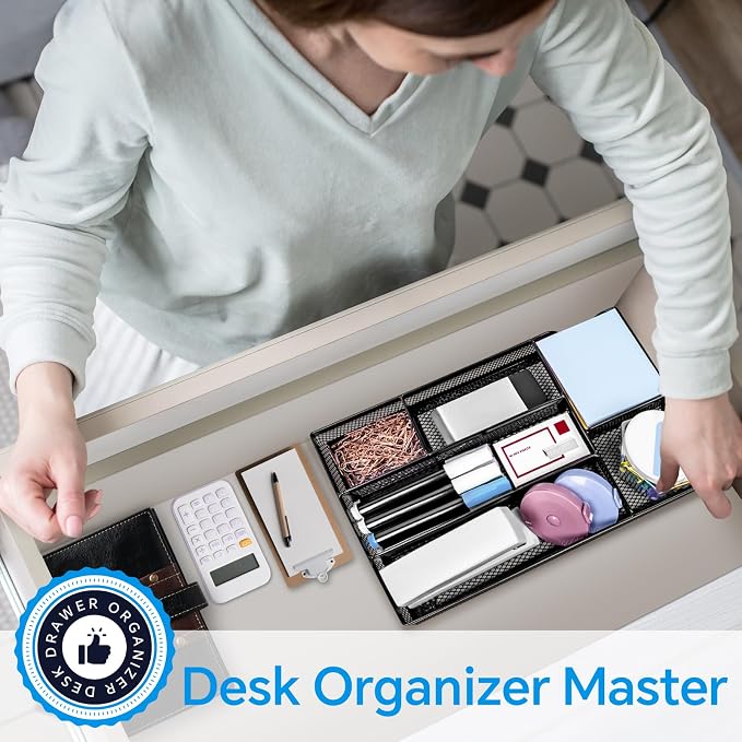 Desk Drawer Organizer, Office Drawer Divider Organizer Tray with 6 Compartments, Metal Mesh Desktop Organization and Accessories for Stationery Makeup Kitchen Toolroom School ＆ Office