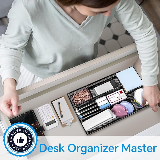 Desk Drawer Organizer, Office Drawer Divider Organizer Tray with 6 Compartments, Metal Mesh Desktop Organization and Accessories for Stationery Makeup Kitchen Toolroom School ＆ Office