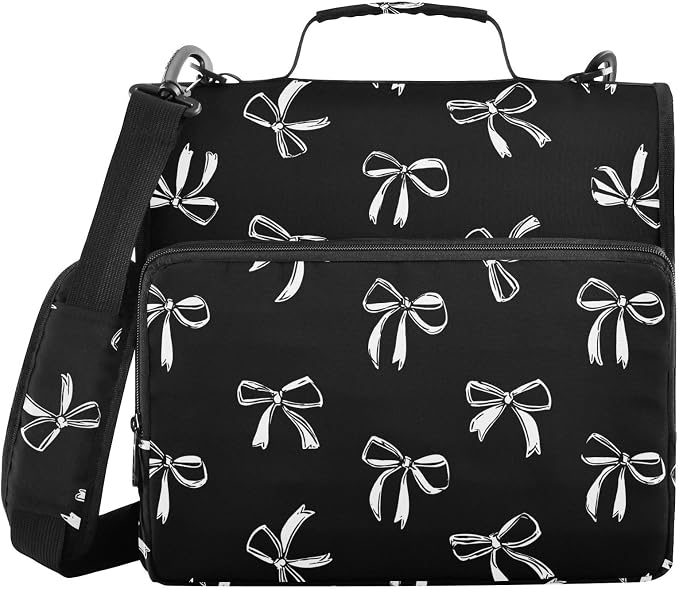 Aslsiy Zipper Binder Bag for Girls Boys White Bow Ribbon 1.5 inch 3-Ring Binder Organizer Black with Shoulder Strap for School Office Supplies