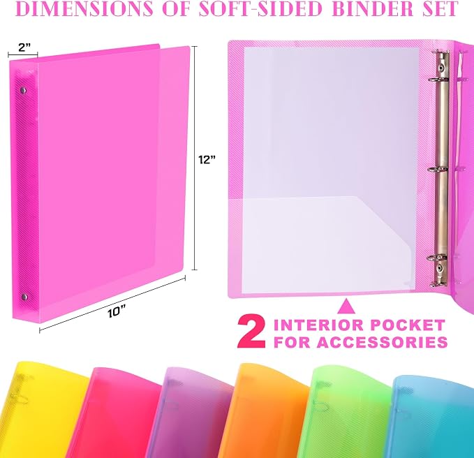 Fulmoon 6 Pack 2 Inch Plastic 3 Ring Binders with Pockets, Neon Colors | Flexible Covers with Round Rings and Front Pockets for Organizing Papers at School, Office, Meetings and Presentations