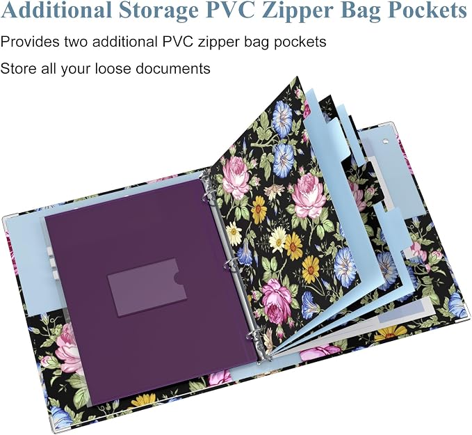 3 Ring Binder, 1 Inches Round Ring Binder with Clipboard, Dividers Tabs, PVC Zipper Bag Sleeves & to Do List Planners for Women, Men, School, Office Supplies, Flowers