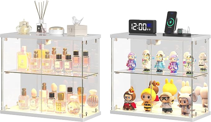 Dystler 2pc Glass Display Case with LED Lights, Small 2-Tier for Figures | Lighted Display Cabinet with Motion Sensor, Clear Tempered Glass Door, USB-C Charging Hub for Collectibles, Rocks, Tabletop