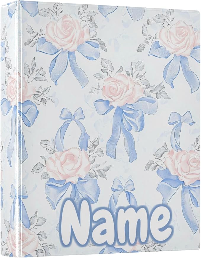Custom 3 Ring Binder Blue Bows Pink Roses 1.5" Round Ring Binders Personalized Name View Binder with 200 Sheet for Kids School Supplies Women Men Office, 1 Pack