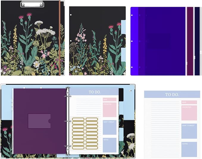 3 Ring Binder, 1 Inches Round Ring Binder with Clipboard, Dividers Tabs, PVC Zipper Bag Sleeves & to Do List Planners for Women, Men, School, Office Supplies, Wild Flower